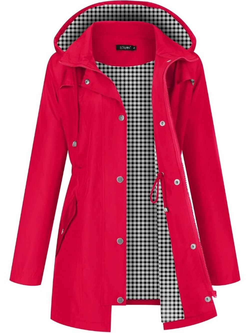 Women's Red Hooded Plaid Lined Waterproof Hiking Windbreaker Trench Rain Coat